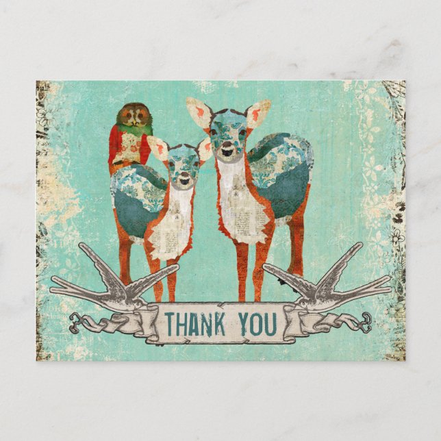 Rose Owl & Azure Deer Thank You   Postcard (Front)