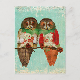 Rose Owls Blue Vintage Postcard