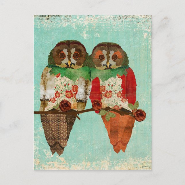 Rose Owls Blue Vintage Postcard (Front)