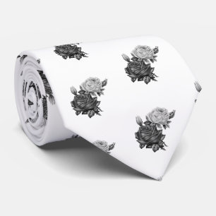 Rose Pattern Black and White Tie