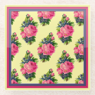 Rose Pattern Pink Blue and Butter Yellow Vintage Glass Coaster