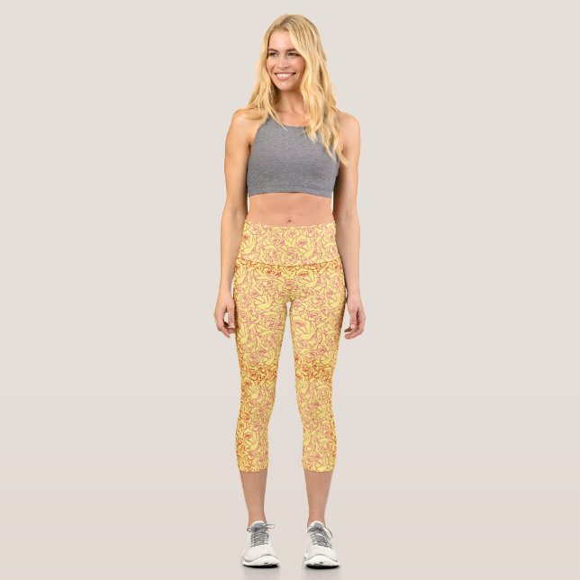Rose pattern.r.dpnk.02b Yellow BG Capri Leggings (Front)