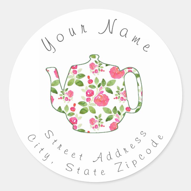 'Rose Pattern Watercolor Teapot' Label (Front)
