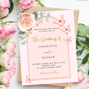 Rose peach floral greenery arch wedding invitation