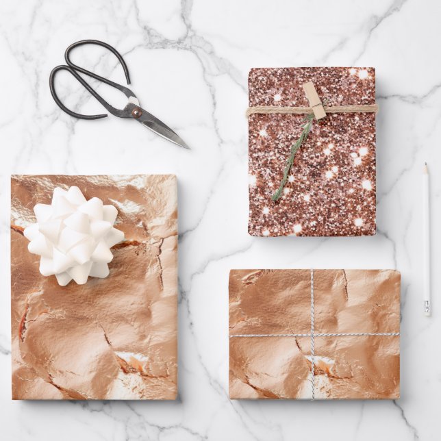 Rose Peach Gold Glam Wrapping Paper Sheet (Front)