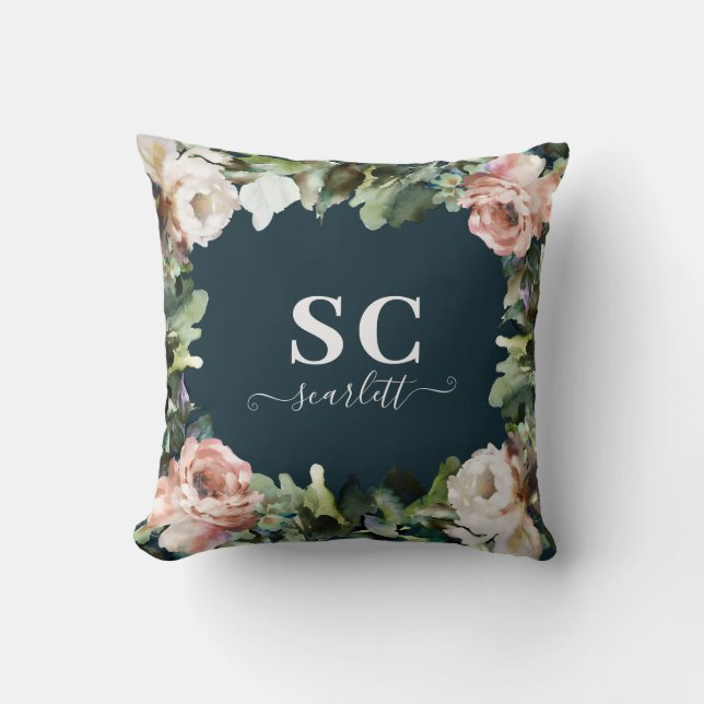 Rose peony floral and foliage eucalyptus stylish cushion (Front)
