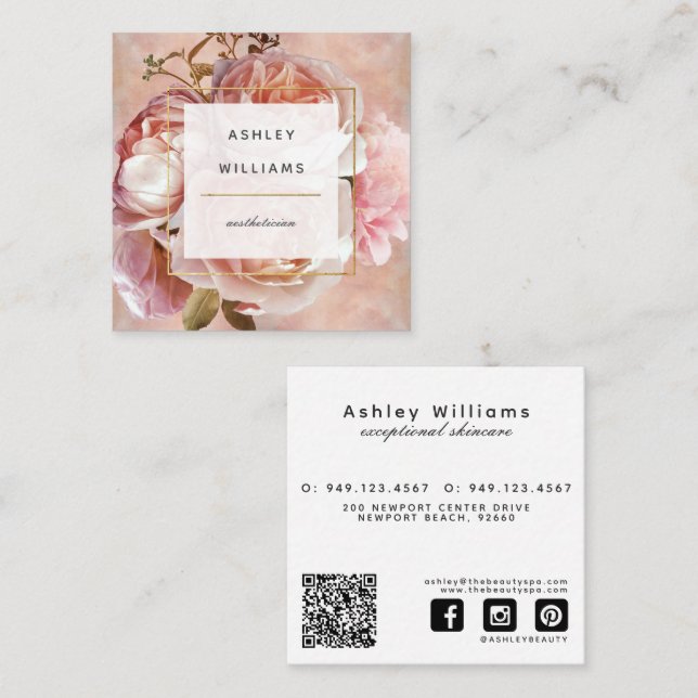 Rose & Peony QR Code Elegant Modern Floral Square Business Card (Front/Back)