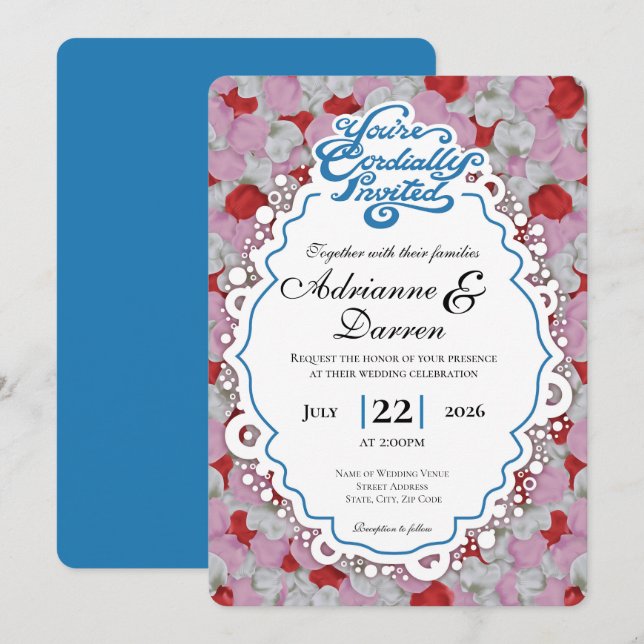 Rose Petal Wedding Invite 1 with Blue Letters (Front/Back)