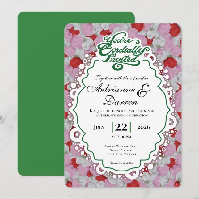Rose Petal Wedding Invite 1 with Green Letters (Front/Back)