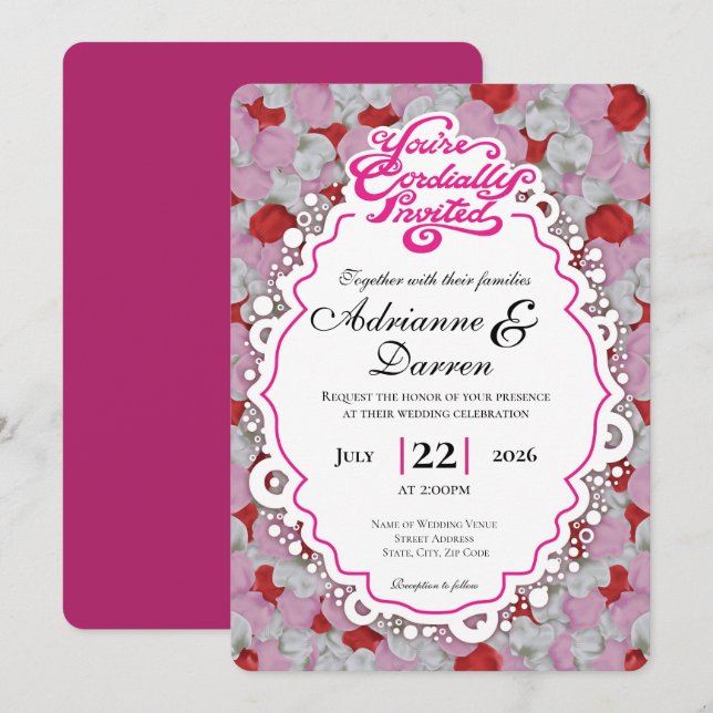 Rose Petal Wedding Invite 1 with Pink Letters (Front/Back)