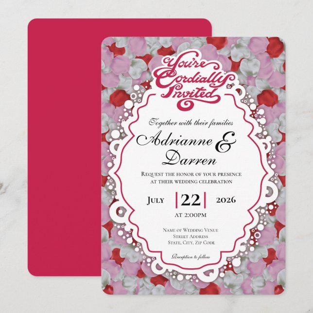 Rose Petal Wedding Invite 1 with Red Letters (Front/Back)