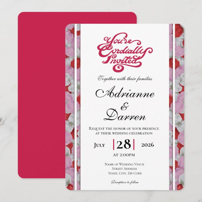 Rose Petal Wedding Invite 3 with Red Letters (Front/Back)