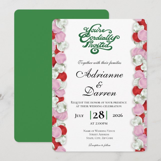 Rose Petal Wedding Invite 4 with Green Letters (Front/Back)