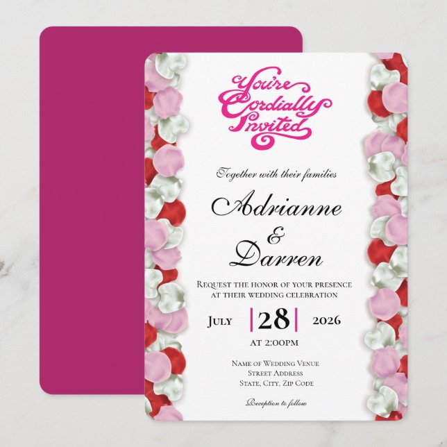 Rose Petal Wedding Invite 4 with Pink Letters (Front/Back)