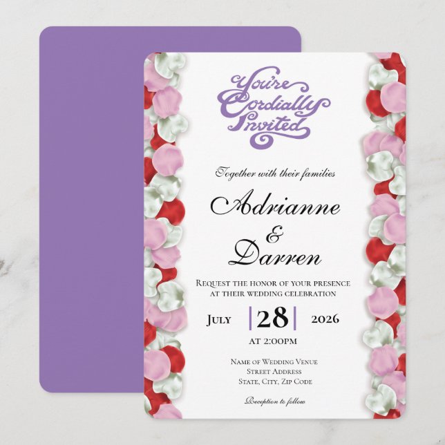 Rose Petal Wedding Invite 4 with Purple Letters (Front/Back)