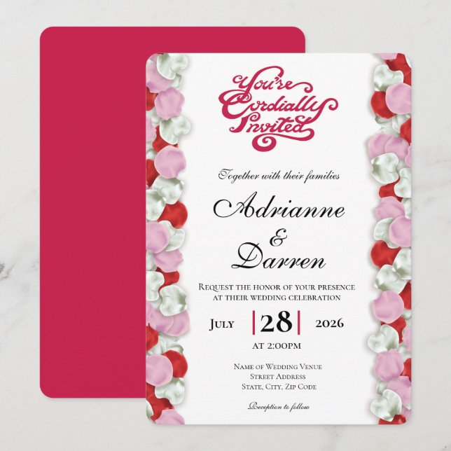 Rose Petal Wedding Invite 4 with Red Letters (Front/Back)