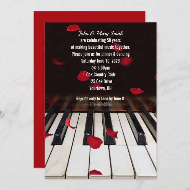 Rose Petals on Piano 50th Anniversary Party Invita Invitation (Front/Back)