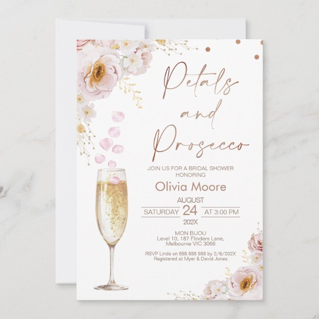 Rose Petals Petals Prosecco Boho Bridal Shower Invitation (Front)