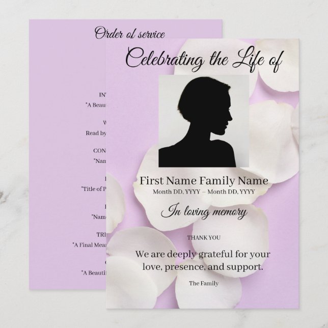Rose petals purple flower order of service invitation (Front/Back)