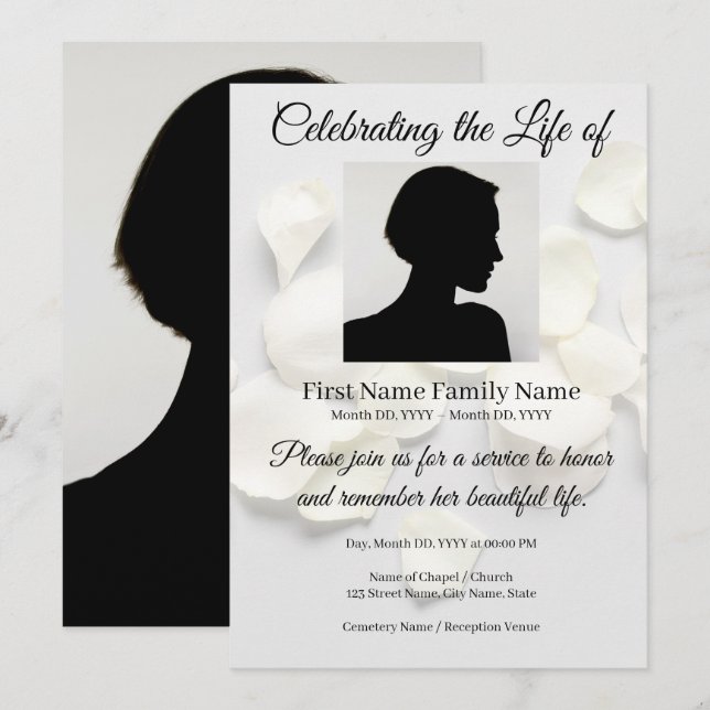 Rose petals white memorial invitation (Front/Back)