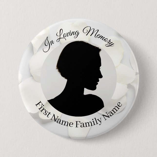 Rose petals white memorial photo button (Front)