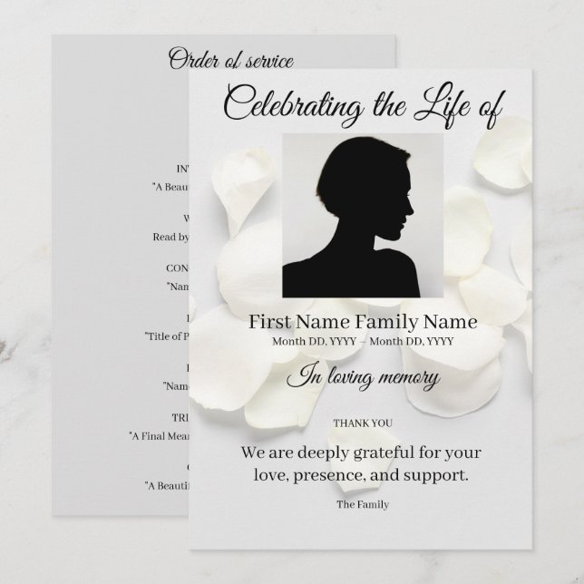 Rose petals white order of service invitation (Front/Back)