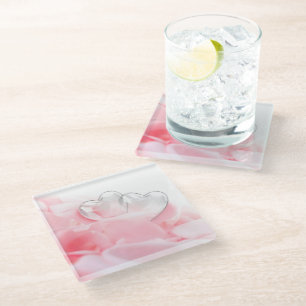 Rose Petals with Glass Hearts - Glass Coaster