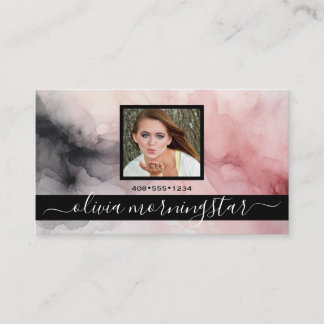 Rose Pink and Black Soft Watercolor QR and Photo Business Card