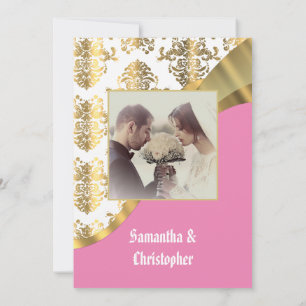 Rose pink and gold damask wedding photo invitation