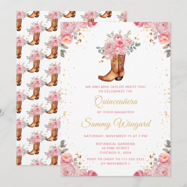 Rose Pink and Gold Floral Cowboy Boot Quinceañera Invitation (Front/Back)