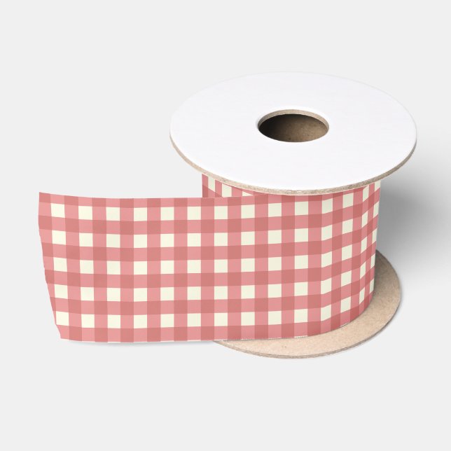 Rose pink and ivory gingham check satin ribbon (Spool)
