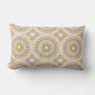 Rose Pink and Olive Green Mandala Medallion Lumbar Cushion