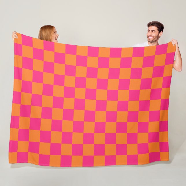 Rose Pink and Orange Checked Pattern Fleece Blanket (In Situ)