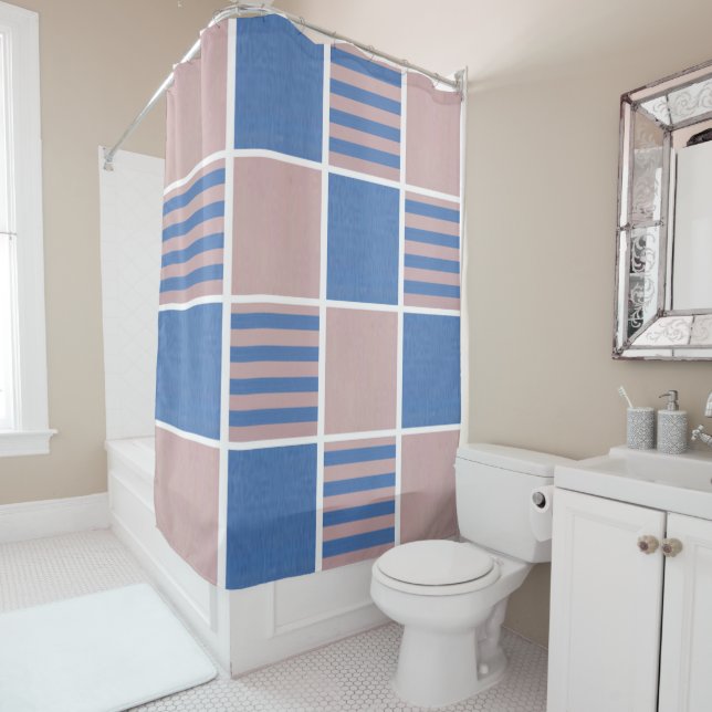 Rose Pink and Serenity Baby Blue Squares Shower Curtain (In Situ)