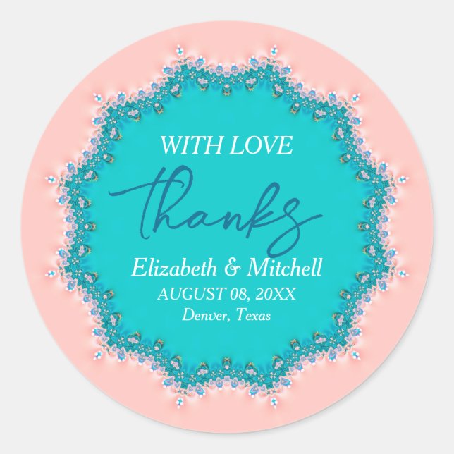 Rose Pink + Aqua Teal Fractal Lace Thanks Classic Round Sticker (Front)