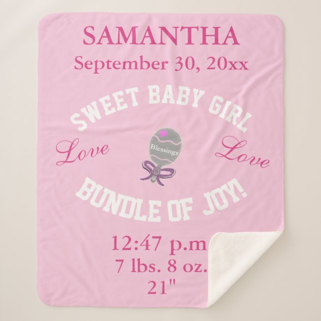 Rose Pink Baby Girl Birth Stats  Sherpa Blanket (Front)