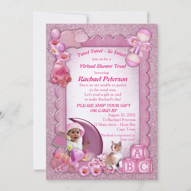 Rose-pink Baby Girl Virtual Shower  Invitation (Front)