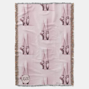 Rose Pink Ballet Shoes with Your Initials/Monogram Throw Blanket