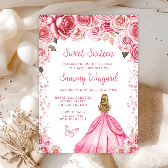 Rose Pink Blonde Hair Princess Sweet Sixteen Invitation (Creator Uploaded)