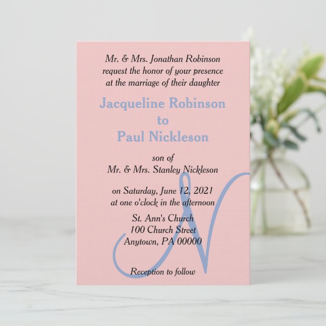 Rose Pink Blue Pastel Monogram Invitation (Standing Front)