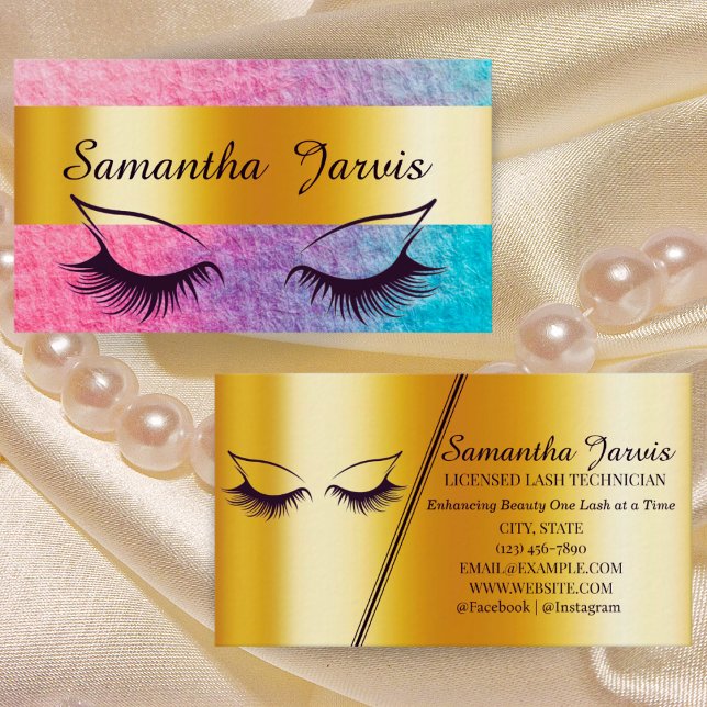 Rose Pink & Blue with Gold Foil Lash & Brow Look Business Card (Creator Uploaded)