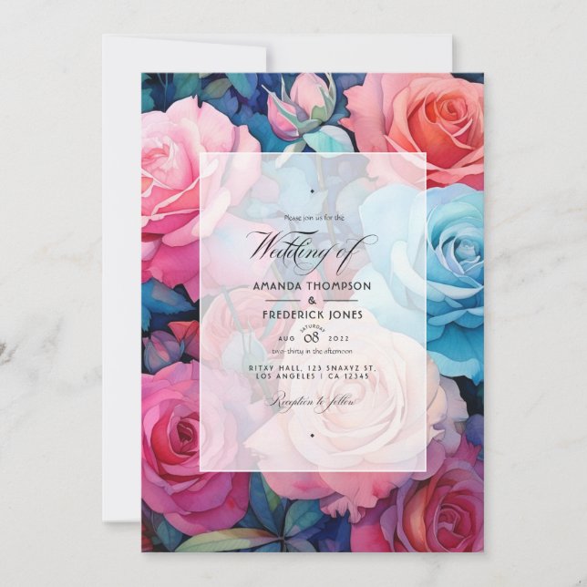 Rose Pink, Blush Pink, Turquoise and Blue Wedding Invitation (Front)