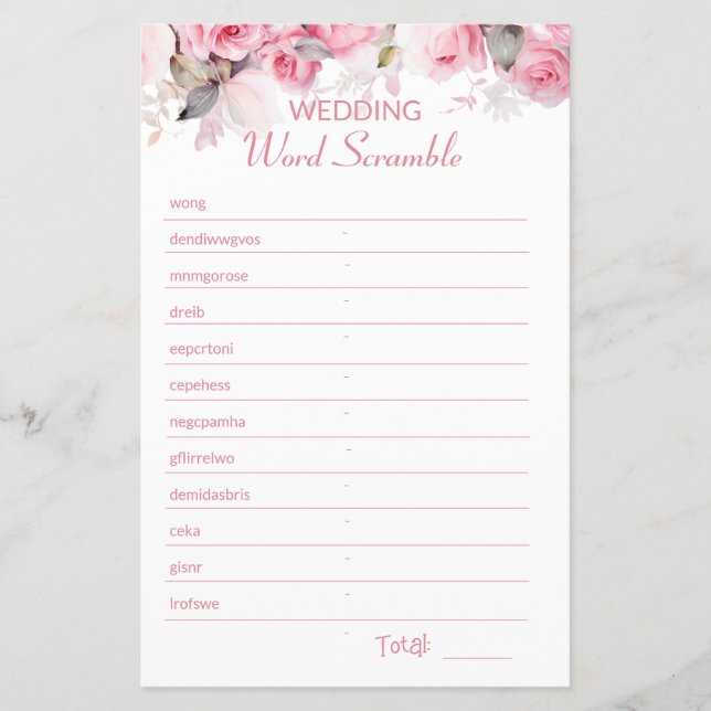Rose Pink Bridal Shower Word Scramble Game (Front)