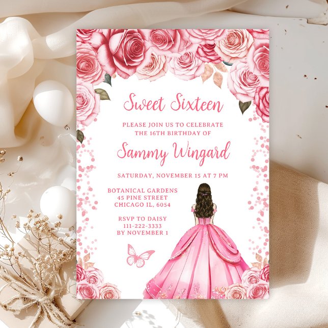 Rose Pink Brown Hair Princess Sweet Sixteen Invitation (Creator Uploaded)