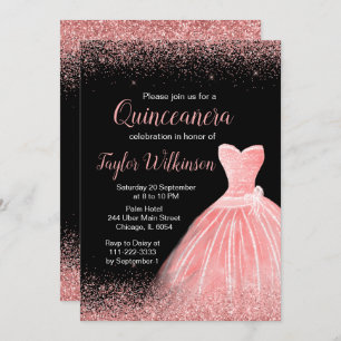 Rose Pink Dress Faux Glitter Quinceanera Invitation