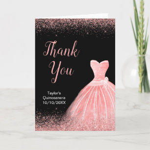Rose Pink Dress Faux Glitter Quinceanera Thank You Card