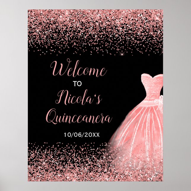 Rose Pink Dress Faux Glitter Quinceanera Welcome Poster (Front)