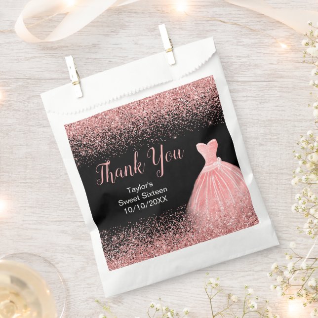 Rose Pink Dress Faux Glitter Sweet 16 Birthday Favour Bags (Clipped)
