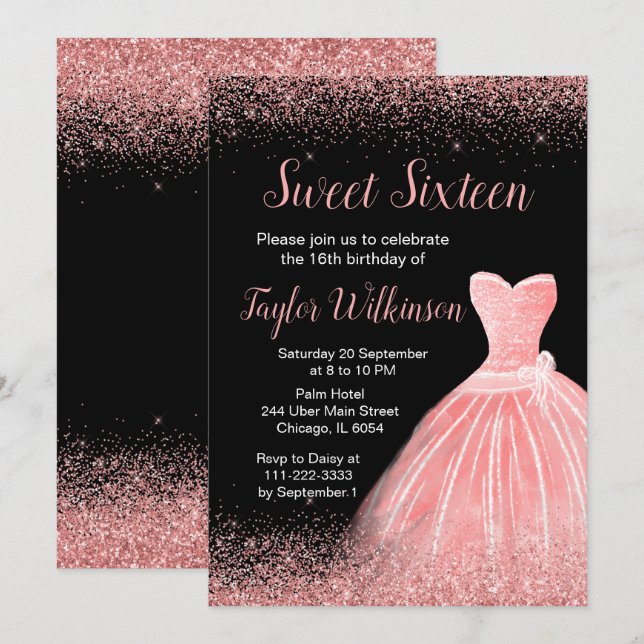 Rose Pink Dress Faux Glitter Sweet 16 Birthday Invitation (Front/Back)