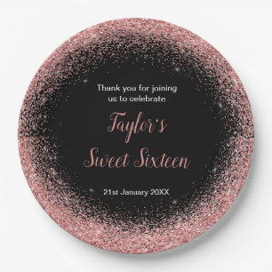 Rose Pink Dress Faux Glitter Sweet 16 Birthday Paper Plate